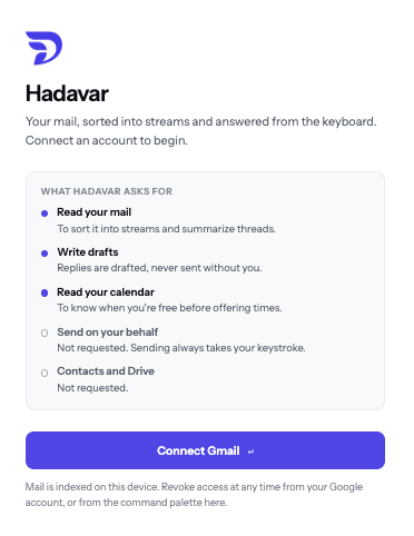 The Hadavar connect screen, listing the permissions it asks for